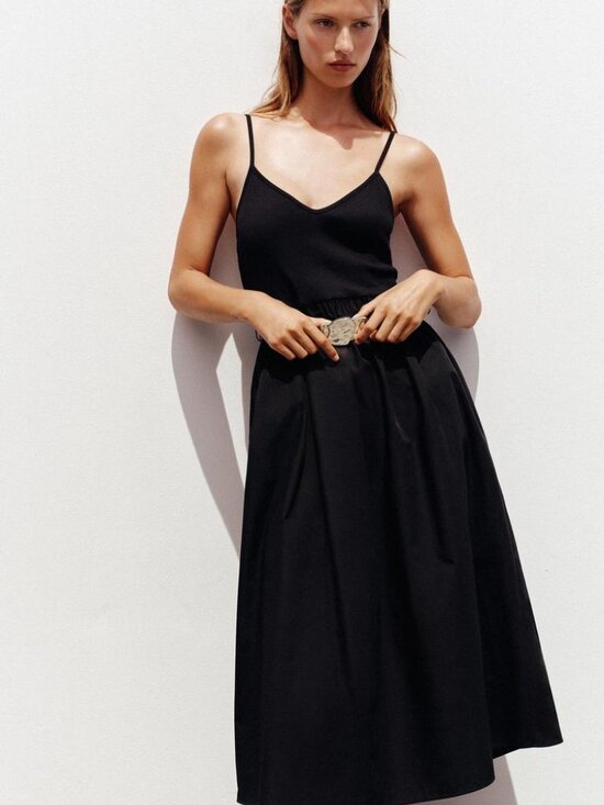 Zara Black Belted Midi Dress Large V-Neck Spaghetti Strap Organic Cotton NWT - Picture 3 of 10